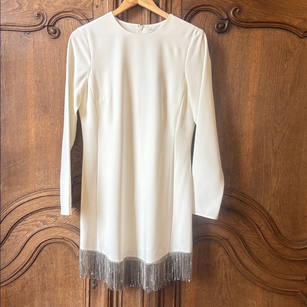 NWT Gianni Bini Sage Rhinestone Fringe Crew Neck Long Sleeve Crepe Dress - Picture 5 of 16